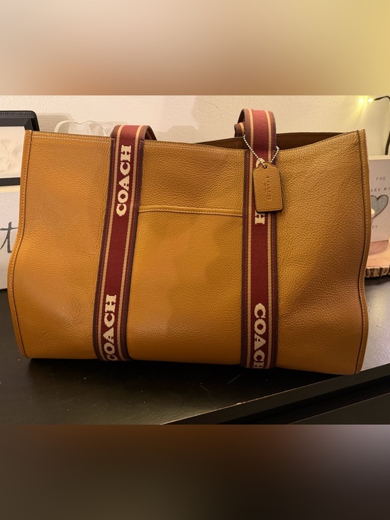 Coach Handbags - Coach Pebbled Leather Tote in Tan with Burgundy Branded Straps